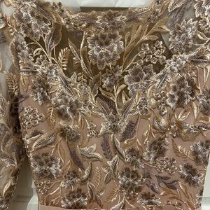 Tadashi Shoji Long Sleeve Dress with Gold and Champagne Embroidery